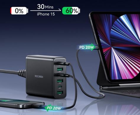 Rocoren 6 Port USB C + USB A Ladegerät mit PD3.0/ QC3.0 für 14,35€ (statt 36€)