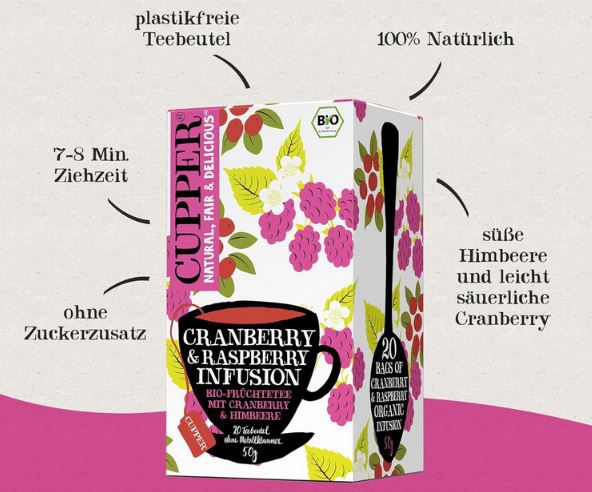 Cupper Bio Cranberry und Himbeere Früchtetee, 20 Beutel ab 1,90€ (statt 3€)