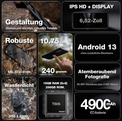 AGM H6 Ultradünnes Outdoor Android Handy mit 256GB für 176,75€ (statt 289€)