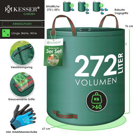 3er Pack Kesser Gartenabfallsack mit 272L inkl. Handschuhe für 19,76€ (statt 25€)