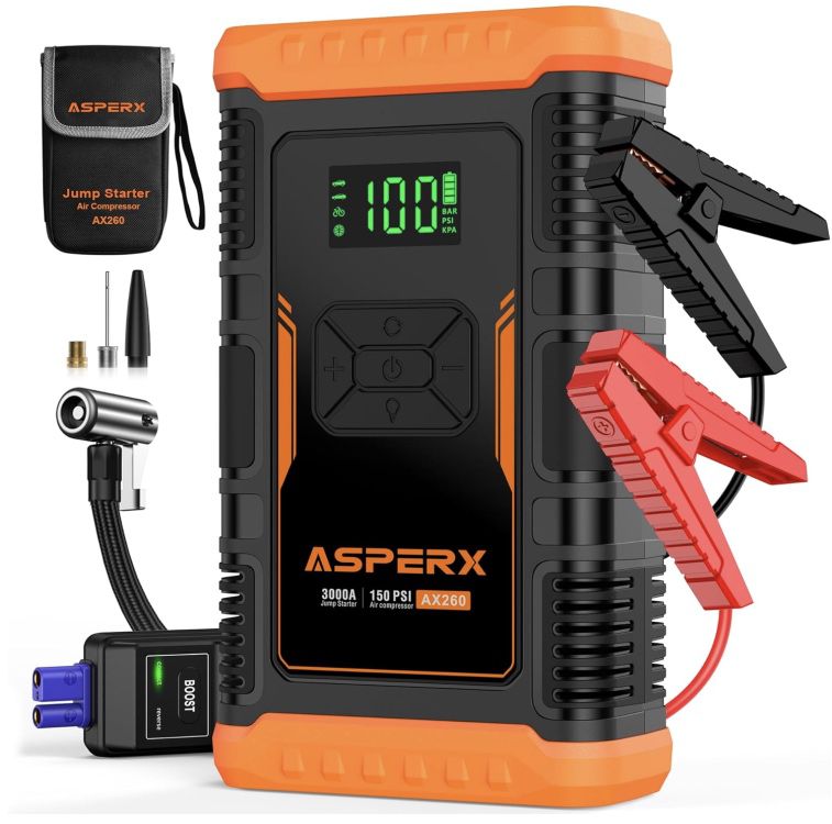 ASPERX 3.000A Starthilfe, Powerbank & Luftkompressor für 69,99€ (statt 90€)