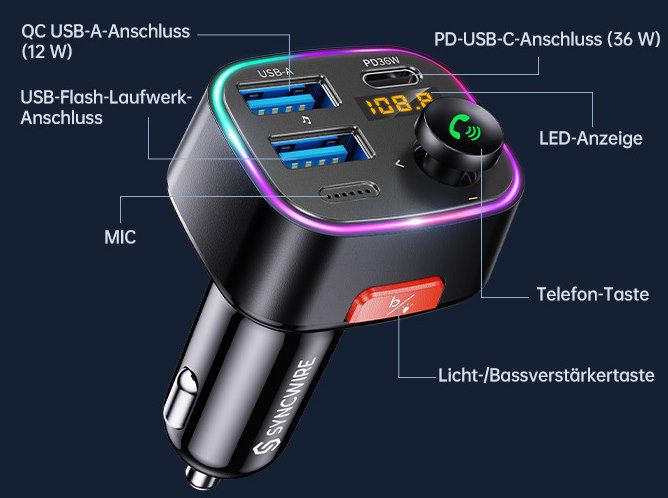 SYNCWIRE BT 5.3 FM Transmitter Kfz Ladegerät (48W) für 20,97€ (statt 26€)
