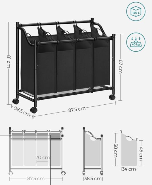 SONGMICS Wäschesammler mit 4 Stofftaschen für 26,99€ (statt 32€)