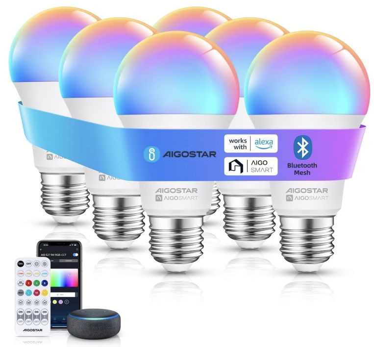 6x Aigostar 12W WLAN E27 Glühbirne mit App Anbindung für 33,59€ (statt 48€)