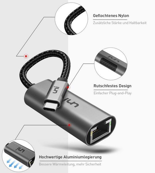 Uni USB C auf Ethernet (RJ45 Gigabit) Adapter für 11,42€ (statt 14€)