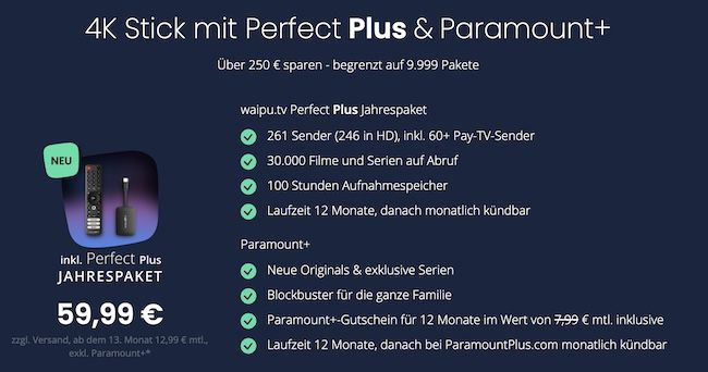 12 Monate waipu.tv inkl. 4K Stick für 59,99€ (statt 156€) + 1 Jahr Paramount+ GRATIS