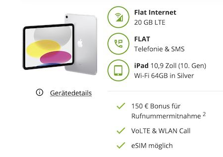 TOP!🔥 iPad (2022) 64GB WiFi + Vodafone Allnet 20GB für 24,99€ mtl. + 150€ Bonus