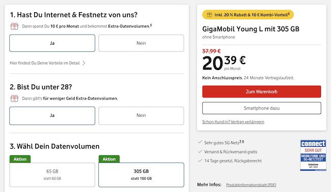 Young + Gigakombi: Vodafone Allnet 65GB 5G für 13,99€ oder 305GB für 20,39€ mtl.