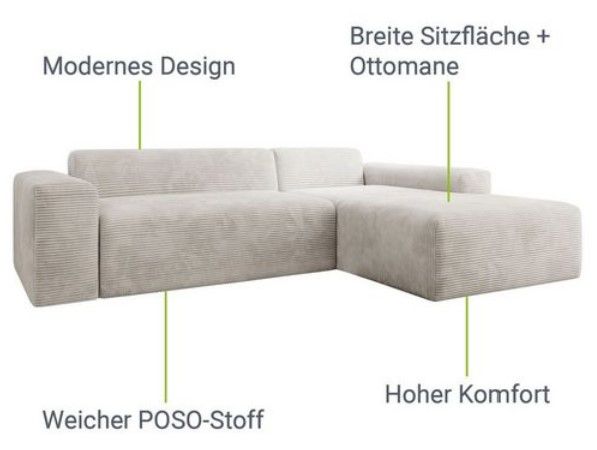 Juskys Vals L Form Sofa 250x183cm für 719,20€ (statt 900€)