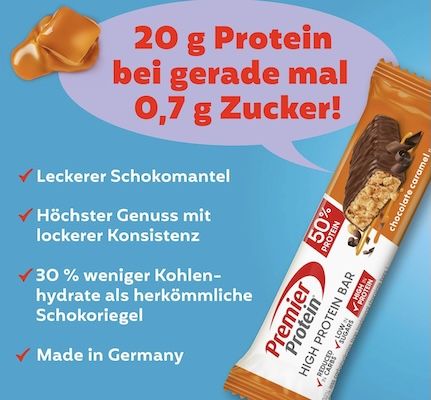 🍫 16x 40g Premier Protein High Protein Bar Chocolate Caramel für 11,89€ (statt 21€)