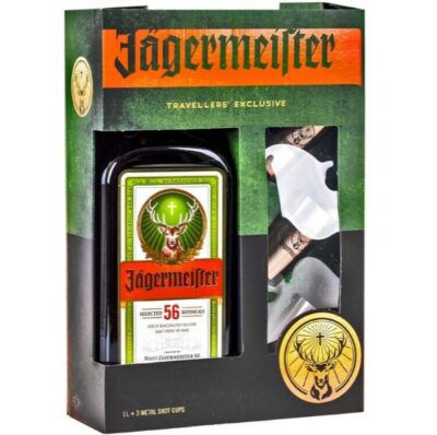 Jägermeister Geschenkbox   1 Liter + 3x Metal Shot Cups ab 18,90€ (statt 27€)