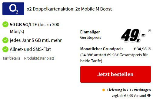 Apple iPhone 14 für 49€ + 2x o2 Allnet 50GB für 34,98€ mtl.