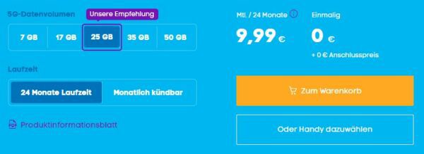 Blau o2 Allnet Flat 25GB 5G mit 50Mbit/s für 9,99€ mtl.