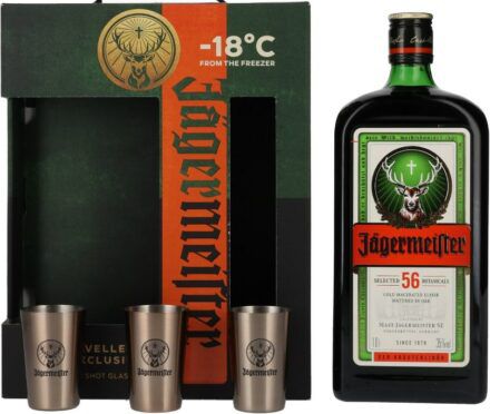 Jägermeister Geschenkbox   1 Liter + 3x Metal Shot Cups ab 18,90€ (statt 27€)