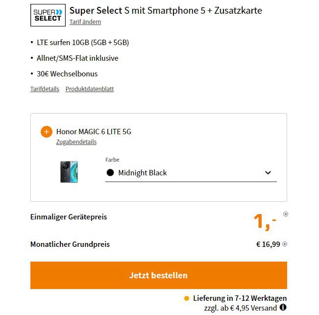 2 x Honor MAGIC 6 LITE 5G 256GB für 1€ + 10GB O2 Allnet Flat für 16,99€ mtl. + 30€ Bonus