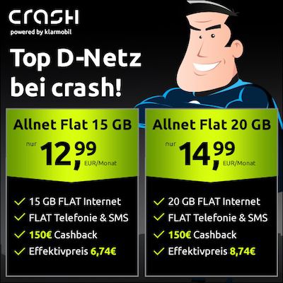 Vodafone Tarife von Crash   z.B. Allnet 15GB eff. 6,74€ mtl. dank 150€ Cashback