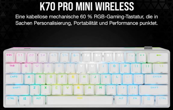 Corsair K70 Pro Mini Wireless Mechanische Gaming Tastatur für 129,99€ (statt 172€)