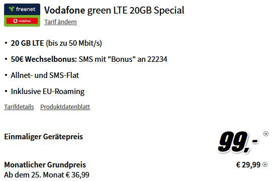 Apple iPhone 14 für 99€ + 20GB Vodafone 29,99€ mtl. + 50€ Bonus