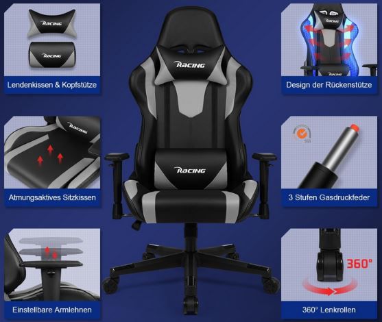 Homimaster Gaming Stuhl mit Lendenkissen, 150 kg für 89,98€ (statt 130€)