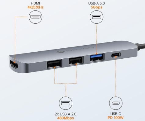 NOVOO USB C Hub mit 4K HDMI, 100W PD, 3x USB A für 9,49€ (statt 19€)