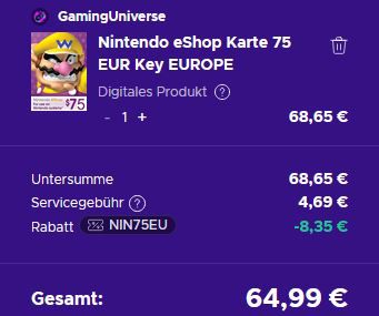 75€ Nintendo eShop Gutscheinkarte für 64,99€
