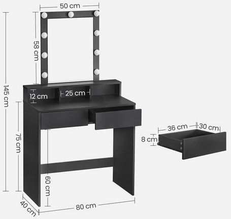 VASAGLE Schminktisch mit LED Beleuchtung, Schwarz für 69,99€ (statt 86€)