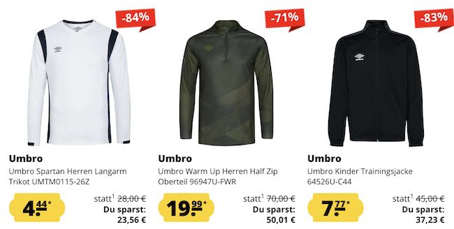 Umbro Sport Sale   z.B. Langarm Trikots je nur 4,44€ (statt 20€)