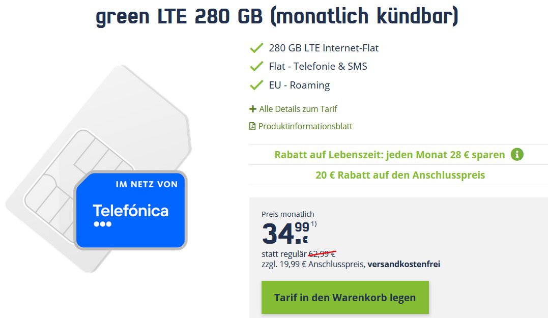🔥 o2 Allnet + SMS Flat 280 GB LTE für 24,99€ mtl.   monatlich kündbar