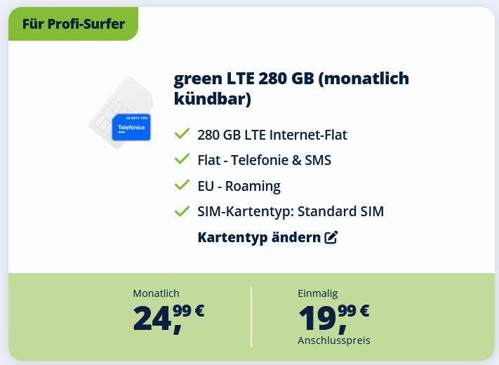 🔥 o2 Allnet + SMS Flat 280 GB LTE für 24,99€ mtl.   monatlich kündbar