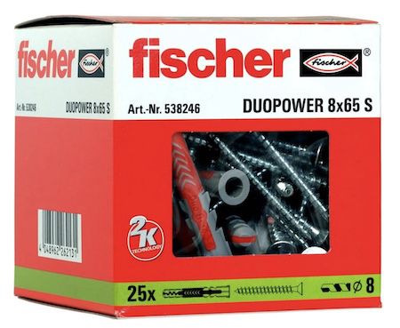 25x fischer DUOPOWER 8 x 65 S Universaldübel + 25x Schrauben für 9,99€ (statt 16€)