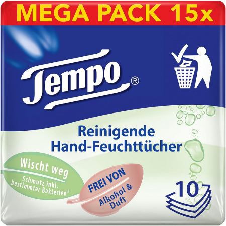 150er Pack Tempo Reinigende Hand Feuchttücher ab 12,69€ (statt 26€)