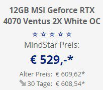 MSI GeForce RTX 4070 VENTUS 2X WHITE 12G OC ab 529€ (statt 610€)