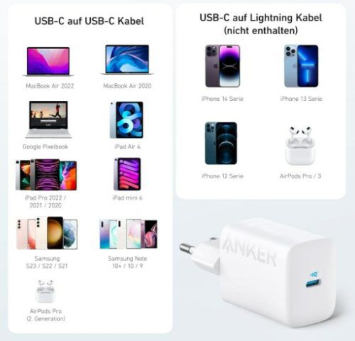 2x Anker 30W USB C Ladegerät (ohne Kable) für z.B.  iPhone 15/ S23 für 16,89€ (statt 19€)