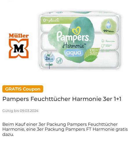 Couponplatz: 1x Pampers Feuchttücher kaufen und 1x gratis dazu