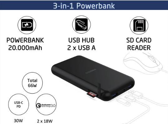 Pro User 3 in 1 Powerbank mit SD Kartenleser, 20.000mAh für 24,99€ (statt 40€)