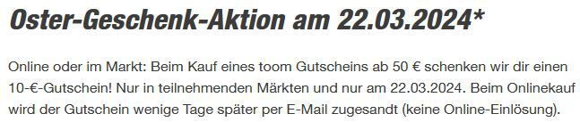 🐰🥚 toom: Oster Gutschein Aktion   50€ Gutschein kaufen, 10€ geschenkt