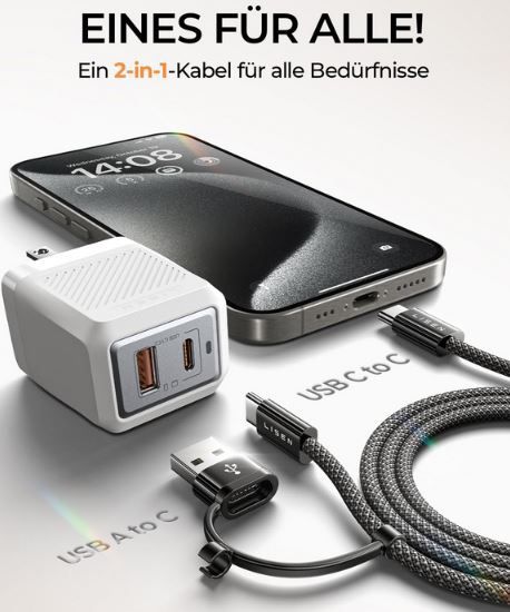 Lisen USB C auf USB C Kabel mit USB A Adapter, 2M für 5,39€ (statt 11€)