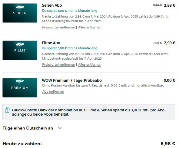 WOW TV: 12 Monate Filme + Serien für 5,98€ mtl. (statt 10€)