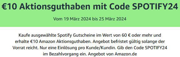 Amazon: 60€ Spotify Gutschein kaufen & 10€ Amazon Guthaben bekommen