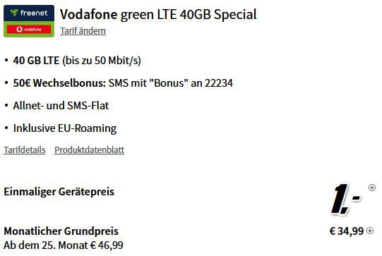 Sony Xperia 5 V für 1€ + Vodafone Allnet 40GB für 34,99€ mtl. + 50€ Bonus