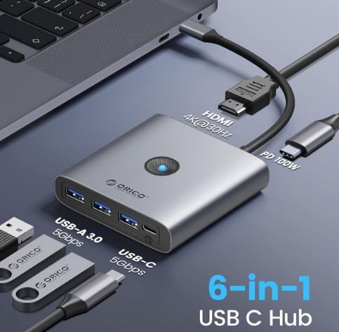 ORICO 6 in 1 USB C Docking Station mit 100W PD, 4K@30Hz für 15,99€ (statt 30€)