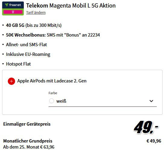🔥TOP! iPhone 15 + Airpods für 49€ + Telekom Allnet 40GB 5G 49,96€ mtl + 50€ Bonus