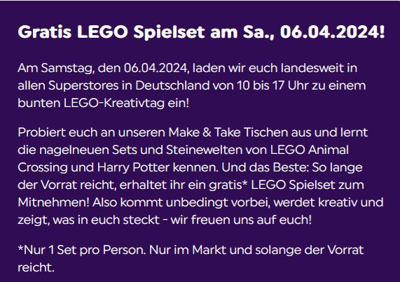 Gratis: LEGO Kreativtag in den Smyths Toys Stores am 06.04.2024