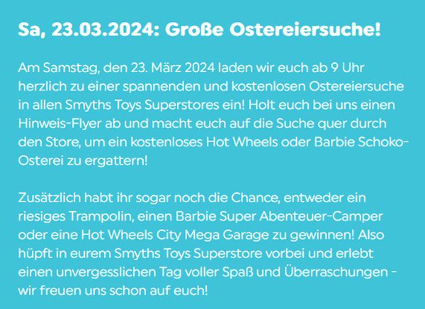 Gratis: Ostereier Suche bei Smyths Toys am 23.03.2024