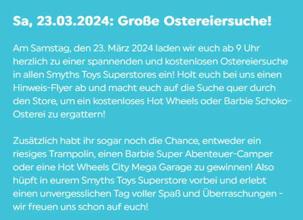 Gratis: Ostereier Suche bei Smyths Toys am 23.03.2024
