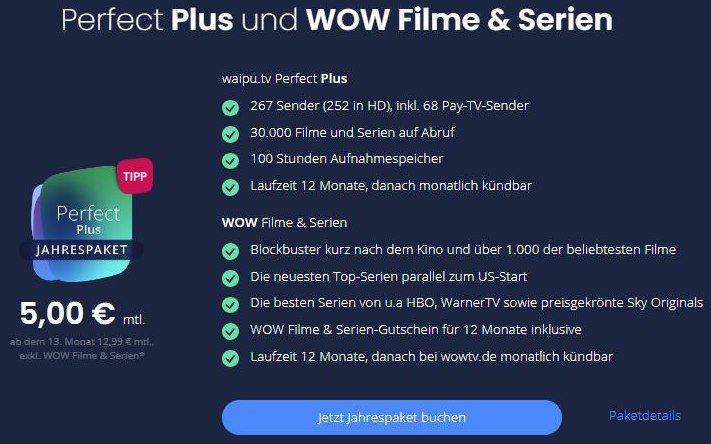 🎬 🔥 waipu.tv Knaller! Perfect Plus + WOW Filme & Serien für nur 5€ mtl. (statt 23€)