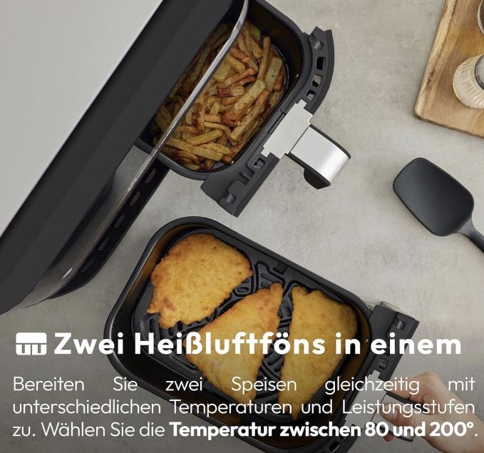 Masterpro Heißluftfritteuse Doppelbehälter mit 2.400W für 96,94€ (statt 165€)