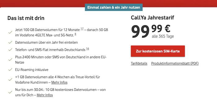 Vodafone Callya Jahrestarif mit 100GB 5G für 99,99€ + 40€ BestChoice Gutschein GRATIS