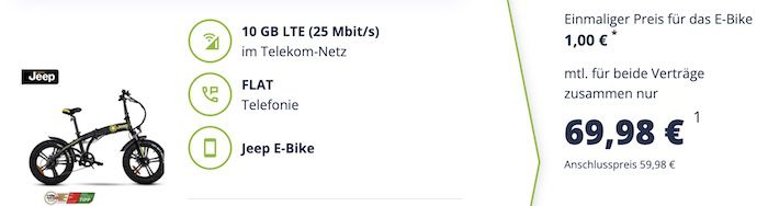 🚲📱 Jeep E Bike FR 7020 inkl. Helm Pro + 2x 10GB Telekom Allnet 69,98€ mtl. + 100€ Bonus