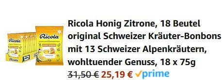 18 x 75g Ricola Honig Zitrone ab 25€ (statt 34€)